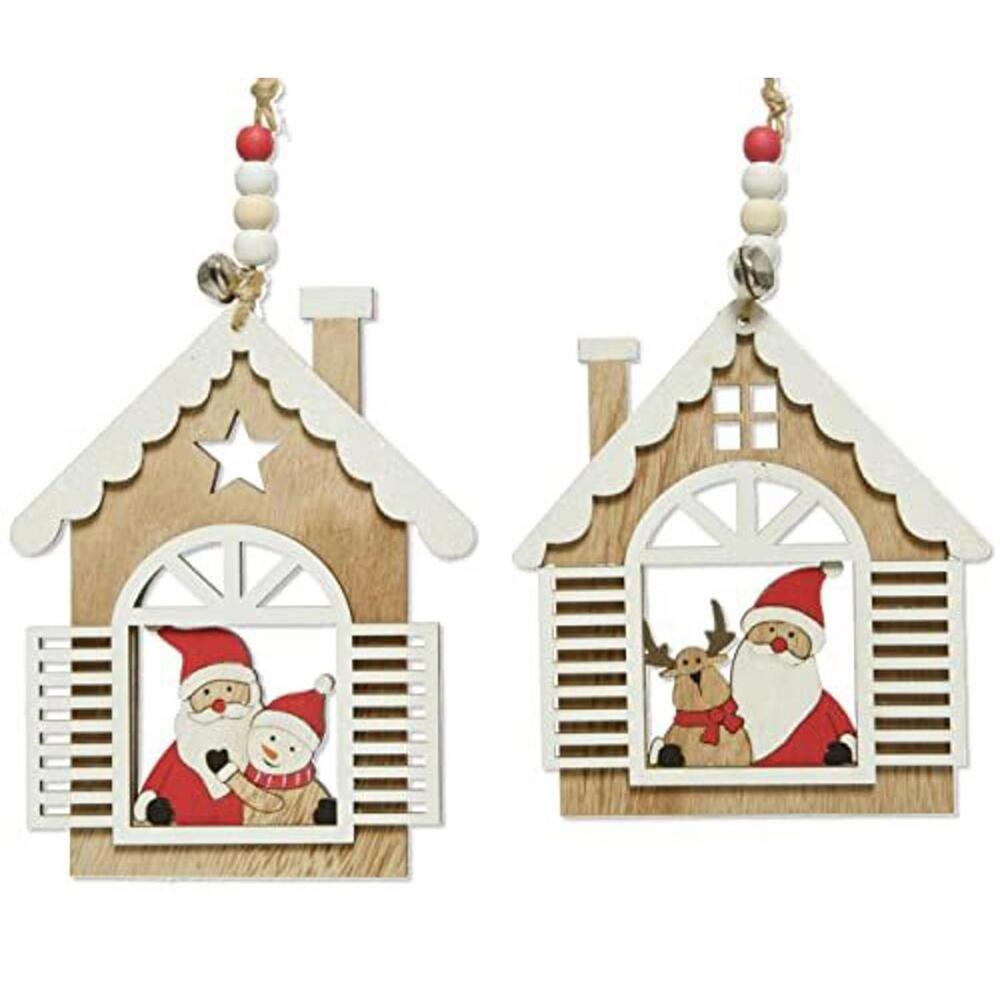 Santa North Pole Ornaments - Set of 2 Christmas Tree Decorations Wood Holiday